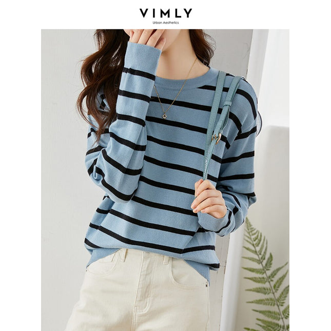 Vimly Blue Black Striped Sweater Women 2023 Spring Pullovers Knitwears