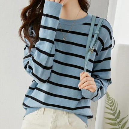 Vimly Blue Black Striped Sweater Women 2023 Spring Pullovers Knitwears