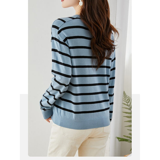Vimly Blue Black Striped Sweater Women 2023 Spring Pullovers Knitwears
