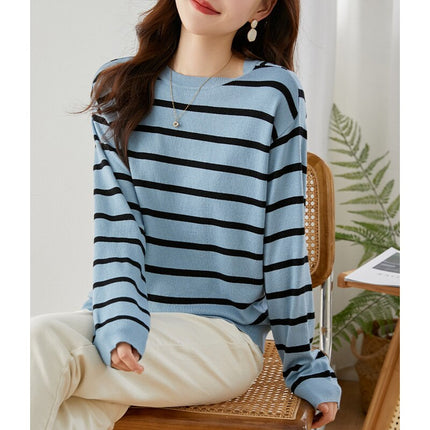 Vimly Blue Black Striped Sweater Women 2023 Spring Pullovers Knitwears