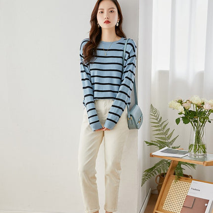 Vimly Blue Black Striped Sweater Women 2023 Spring Pullovers Knitwears