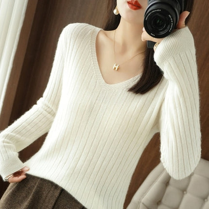 Women Cashmere Sweater Autumn Winter V-neck Knitwear Long Sleeve Loose