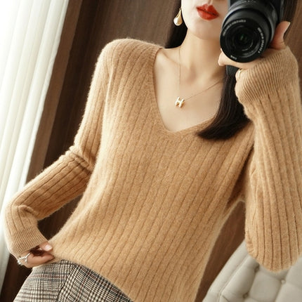 Women Cashmere Sweater Autumn Winter V-neck Knitwear Long Sleeve Loose
