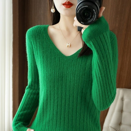 Women Cashmere Sweater Autumn Winter V-neck Knitwear Long Sleeve Loose