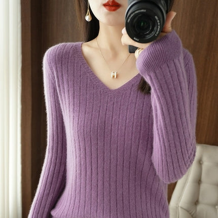 Women Cashmere Sweater Autumn Winter V-neck Knitwear Long Sleeve Loose
