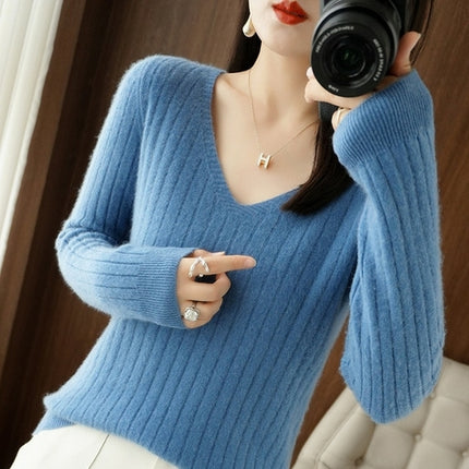 Women Cashmere Sweater Autumn Winter V-neck Knitwear Long Sleeve Loose