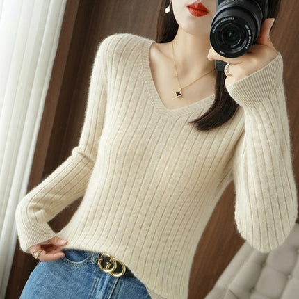 Women Cashmere Sweater Autumn Winter V-neck Knitwear Long Sleeve Loose