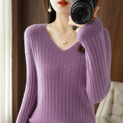 Women Cashmere Sweater Autumn Winter V-neck Knitwear Long Sleeve Loose