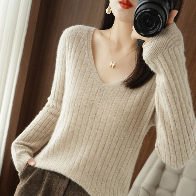 Women Cashmere Sweater Autumn Winter V-neck Knitwear Long Sleeve Loose