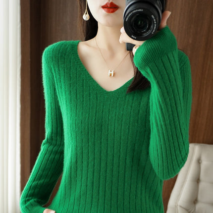 Women Cashmere Sweater Autumn Winter V-neck Knitwear Long Sleeve Loose