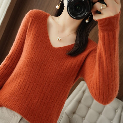 Women Cashmere Sweater Autumn Winter V-neck Knitwear Long Sleeve Loose