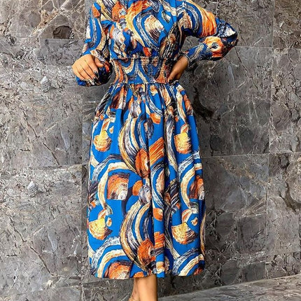 Women Clothing Fashion Printing Lapel Long Sleeve Dress