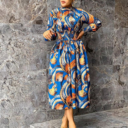 Women Clothing Fashion Printing Lapel Long Sleeve Dress